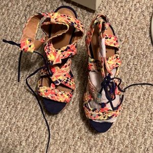 Brand New chunky heel multi color tie up sandals